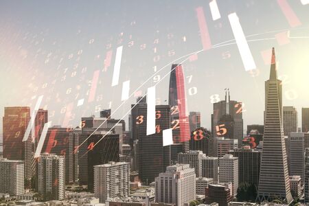 Multi exposure of virtual abstract financial graph interface on San Francisco cityscape background, financial and trading conceptの写真素材