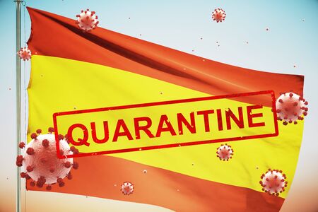 Concept of a quarantined country with the Spanish flag, due to the coronavirus COVID-19の写真素材