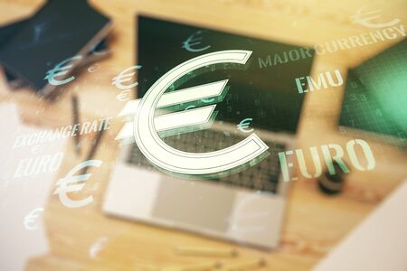 Creative EURO USD symbols illustration on modern computer background, forex and currency concept. Multiexposureの写真素材