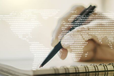 Double exposure of abstract digital world map and woman hand writing in notepad on background, big data and blockchain conceptの写真素材