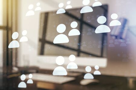 Social network concept with modern laptop on background. Multiexposureの写真素材