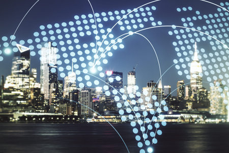 Abstract virtual world map with connections on New York city skyline background, international...