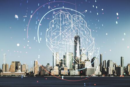 Virtual creative artificial Intelligence hologram with human brain sketch on New York cityscape background. Double exposureの写真素材