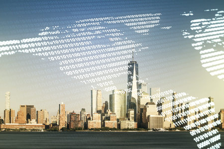 Virtual digital map of North America on New York city skyline background, international trading...