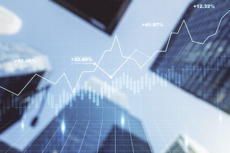 Double exposure of abstract financial diagram on office buildings background, banking and accounting...