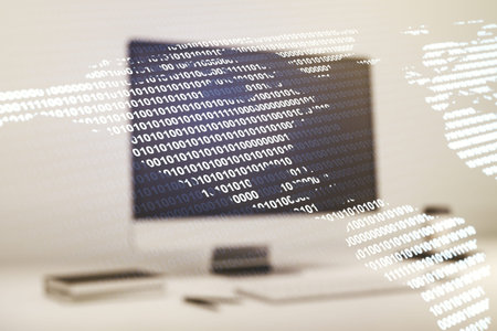 Digital America map on modern laptop background, international trading concept. Multiexposure