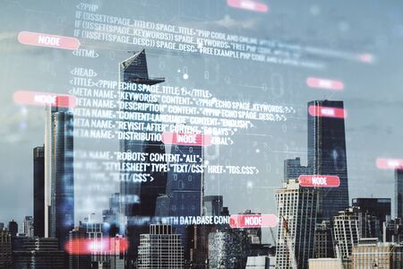 Abstract virtual coding concept on New York city skyline background. Multiexposureの写真素材