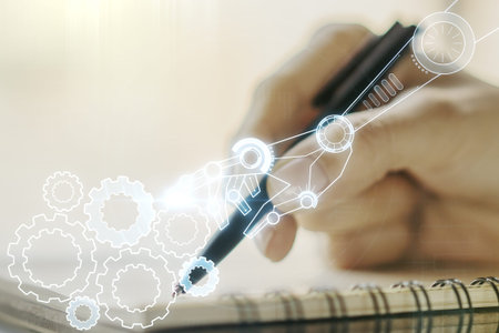 Double exposure of robotics technology hologram and woman hand writing in notebook on background....