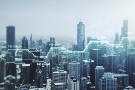 Double exposure of abstract virtual statistics data hologram on Chicago city skyscrapers background,...