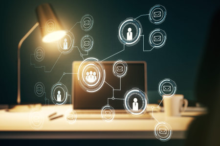 Double exposure of social network icons concept with modern laptop on background. Marketing and...