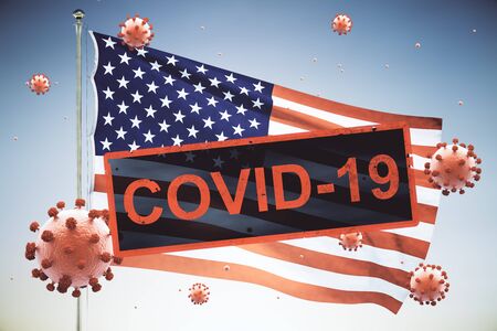 Concept of a quarantined country with the US flag, due to the coronavirus COVID-19の写真素材