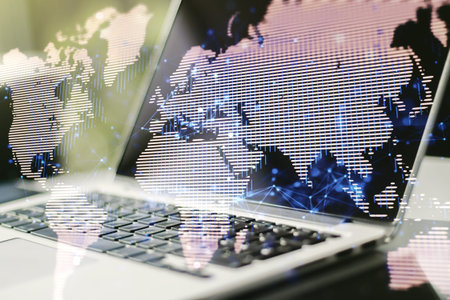 Double exposure of abstract digital world map on computer background, big data and blockchain...