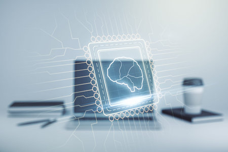 Double exposure of creative human brain microcircuit with computer on background. Future technology...