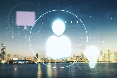 Double exposure of social network icons hologram on Chicago office buildings background. Networking...