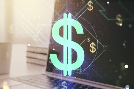 Creative concept of EURO USD symbols illustration on modern laptop background. Trading and currency concept. Multiexposureの写真素材
