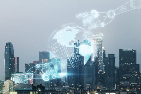 Abstract virtual robotics technology sketch with globe on Los Angeles office buildings background,...