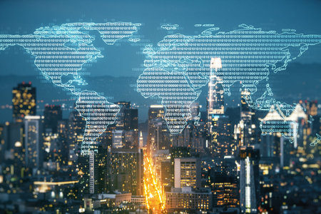 Double exposure of abstract digital world map hologram on San Francisco office buildings background,...