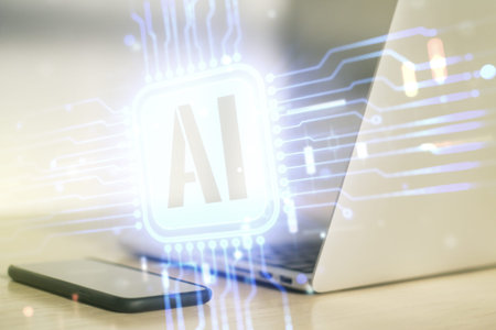 Double exposure of creative artificial Intelligence icon with modern laptop on background. Neural...