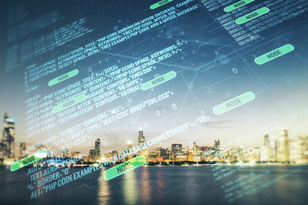 Multi exposure of abstract software development hologram on Chicago skyscrapers background, research...