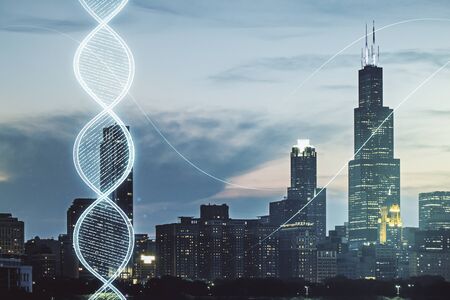 Double exposure of creative DNA hologram on Chicago city skyscrapers background. Bio Engineering and DNA Research conceptの写真素材