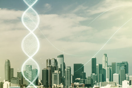 DNA hologram on Los Angeles cityscape background, science and biology concept. Multiexposureの写真素材