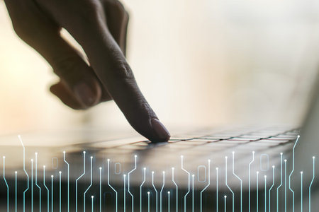 Creative abstract micro circuit sketch and hands typing on computer keyboard on background, future...