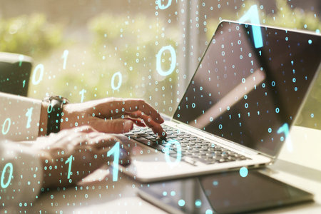 Creative abstract binary code sketch and hands typing on computer keyboard on background, hacking...