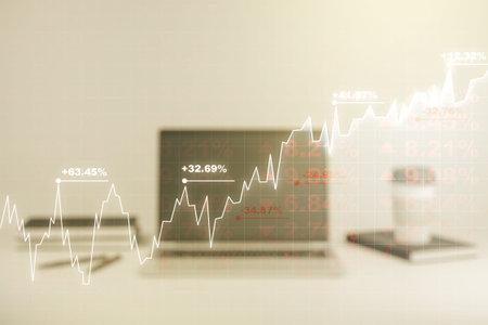 Double exposure of abstract creative financial diagram on modern laptop background, banking and...