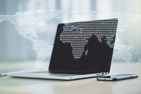 Double exposure of abstract digital world map on laptop background, research and strategy concept
