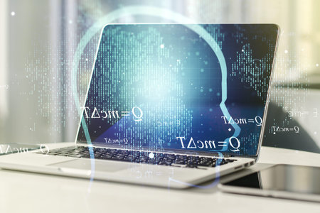 Creative artificial Intelligence concept with human head sketch on modern computer background....