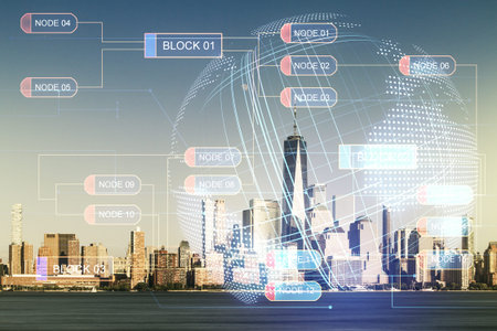 Double exposure of abstract creative programming illustration and world map on New York city office...