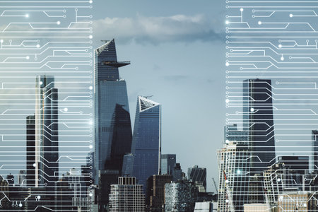 Abstract virtual microscheme illustration on New York city skyline background. Big data and database...