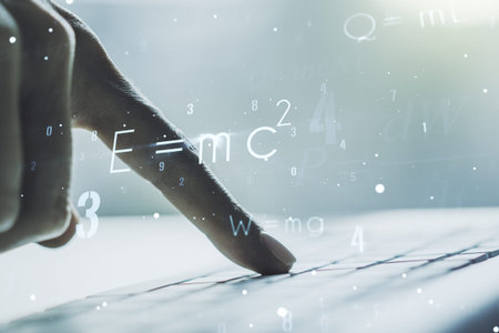 Creative scientific formula illustration with hands typing on computer keyboard on background,...