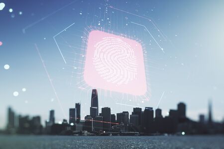 Multi exposure of virtual fingerprint scan interface on San Francisco office buildings background, digital access conceptの写真素材