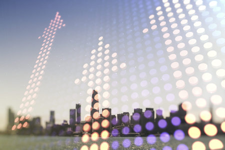 Virtual upward arrows hologram on San Francisco cityscape background, leadership and motivation...