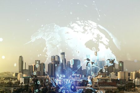 Abstract virtual coding illustration and world map on Los Angeles cityscape background, international software development concept. Multiexposureの写真素材
