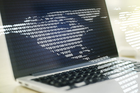 Digital America map on modern laptop background, international trading concept. Multiexposure