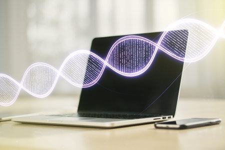 Creative light DNA illustration on modern computer background, science and biology concept....