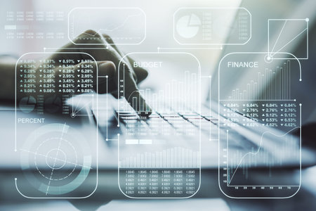 Abstract creative stats data concept with hands typing on laptop on background. Multiexposure