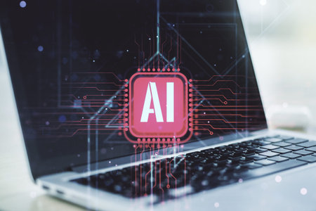 Creative artificial Intelligence symbol concept with modern computer on background. Double exposure