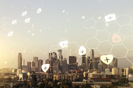 Abstract virtual medical illustration on Los Angeles skyline background. Medicine and healthcare...