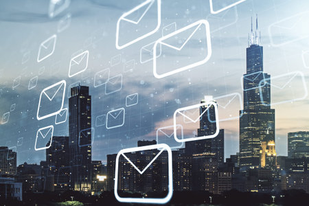 Abstract virtual postal envelopes illustration on Chicago skyline background. Email and...