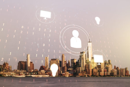Abstract virtual social network concept on New York city skyline background. Multiexposure