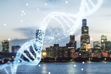 Virtual DNA symbol illustration on Chicago skyline background. Genome research concept. Multiexposureの写真素材