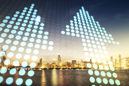 Virtual upward arrows illustration on Chicago skyline background. Breakthrough and progress concept....