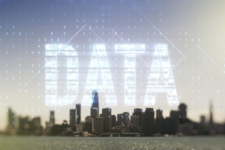 Data word hologram on San Francisco office buildings background, big data and blockchain concept....