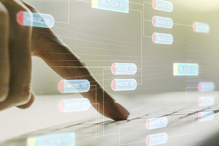 Abstract creative coding concept with hands typing on laptop on background. Multiexposure