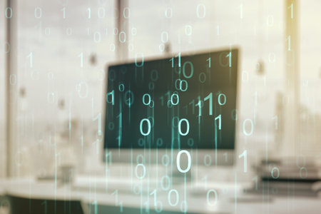 Creative abstract binary code sketch on modern laptop background, hacking and matrix concept....