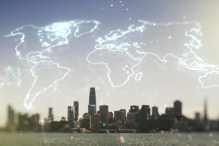 Abstract creative world map interface on San Francisco skyline background, international trading...