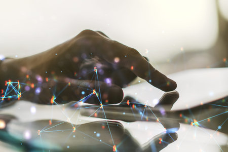 Creative abstract technology sketch and hand working with a digital tablet on background, future...